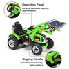 Kids ride-on dumper truck in green with a working front loader and digging handle for fun outdoor play.