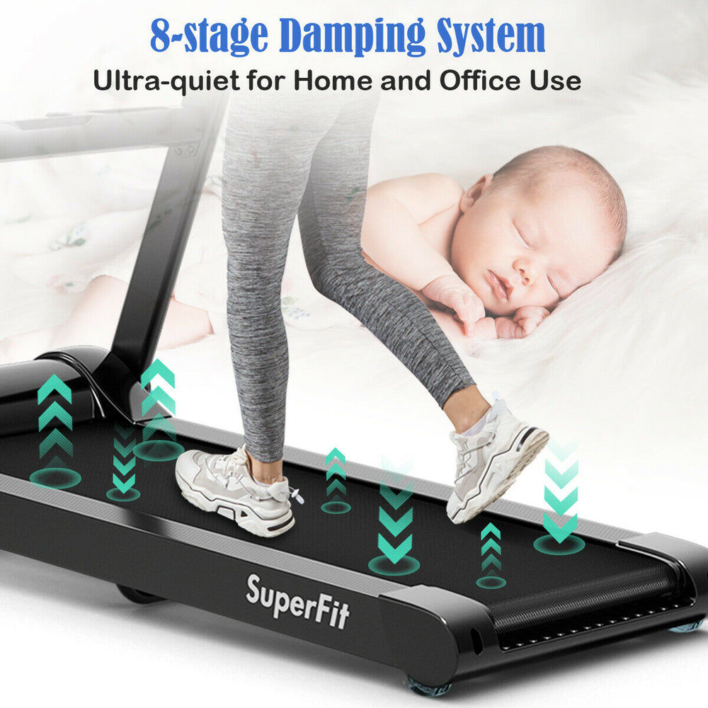 Folding treadmill with 2.25HP motor and wide running belt, featuring an 8-stage damping system for quiet home use.