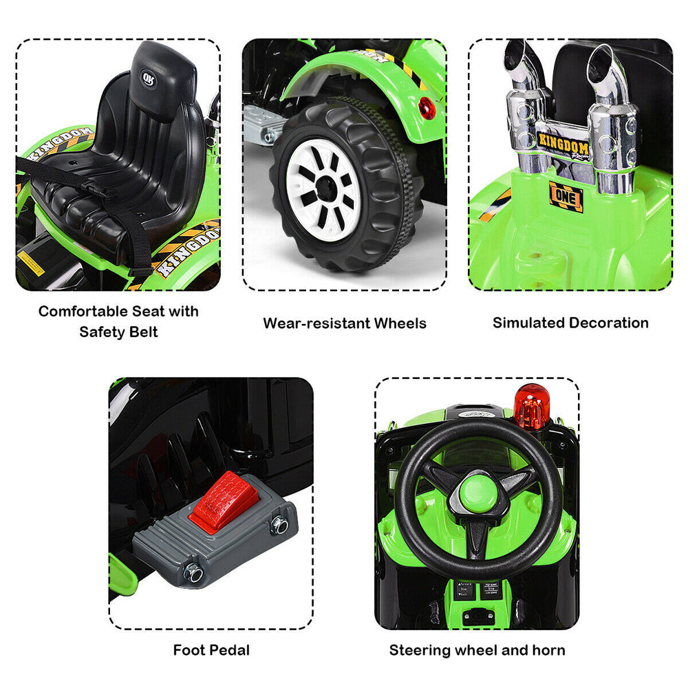 Green 12V battery-powered kids ride-on dumper truck with comfortable seat, safety belt, and realistic working bucket.