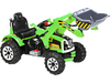 Front view of the green 12V battery-powered kids ride-on dumper truck featuring a detailed working bucket and sturdy.