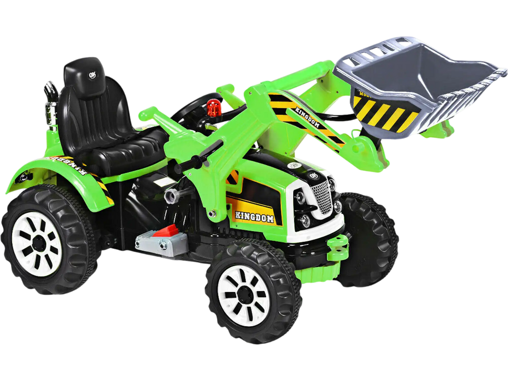 Front view of the green 12V battery-powered kids ride-on dumper truck featuring a detailed working bucket and sturdy.