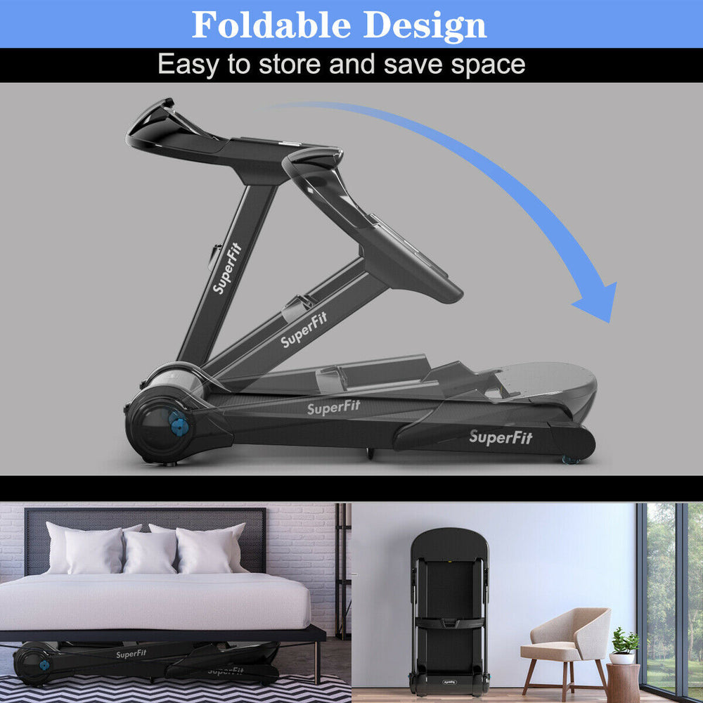 Folding treadmill with a sleek design, 2.25HP motor, and Bluetooth speaker for a quiet, comfortable workout experience.