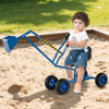 Blue sand digger for kids with 2-handed controls, adjustable arms, and flexible shovel for outdoor play.