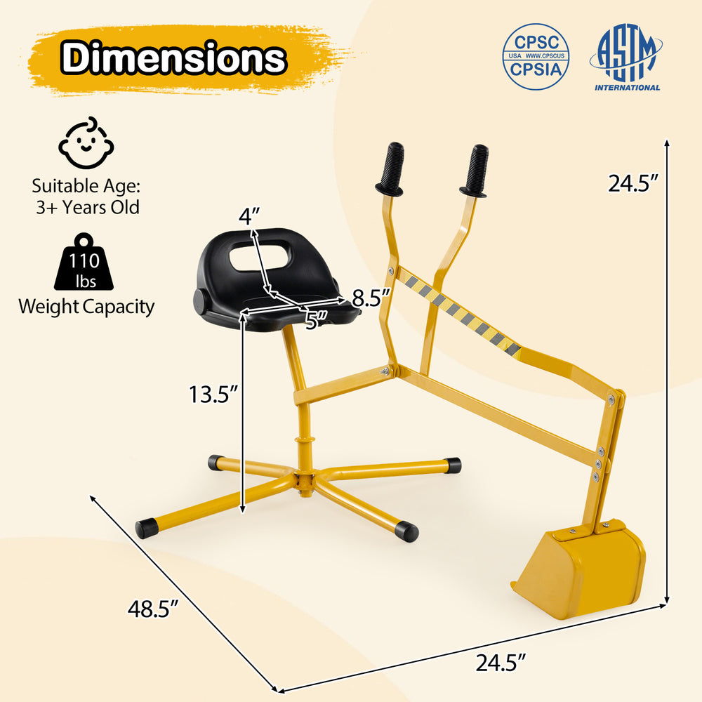 Yellow sand digger with adjustable arms and flexible shovel, designed for kids 3+ years, promoting fine motor skills.