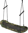 Camo-patterned saucer tree swing with adjustable height, foam handles, and durable oxford fabric for outdoor fun.