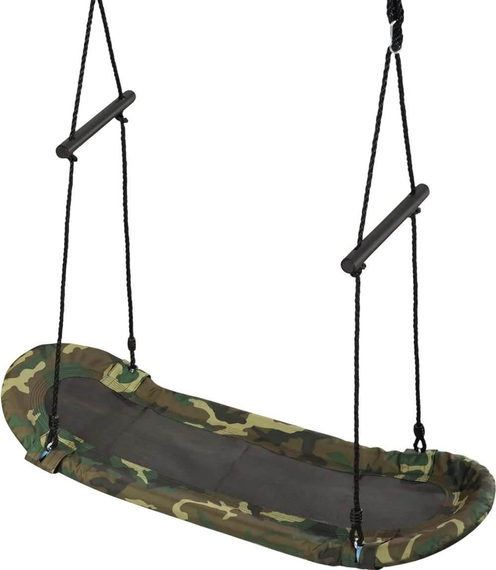 Camo-patterned saucer tree swing with adjustable height, foam handles, and durable oxford fabric for outdoor fun.