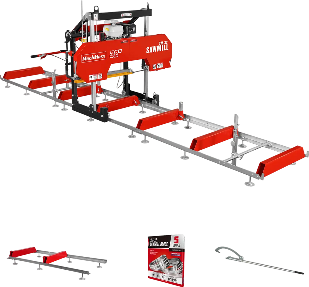 32" Portable Sawmill (5 x Blades Included),  HONDA GX390 389cc E-Start Gasoline Engine,  26.5" Board Width,  20' Track Length (13' Track Length + 6.4' Track Extension Included) ,  SM-32