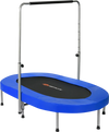 Blue 2-person foldable mini trampoline with adjustable handle, sturdy steel frame, and wide jumping area for kids'.