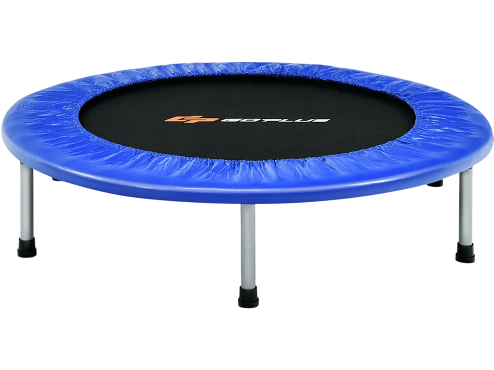 38-inch blue mini folding trampoline with protective cover and sturdy steel legs for safe indoor fitness activities.