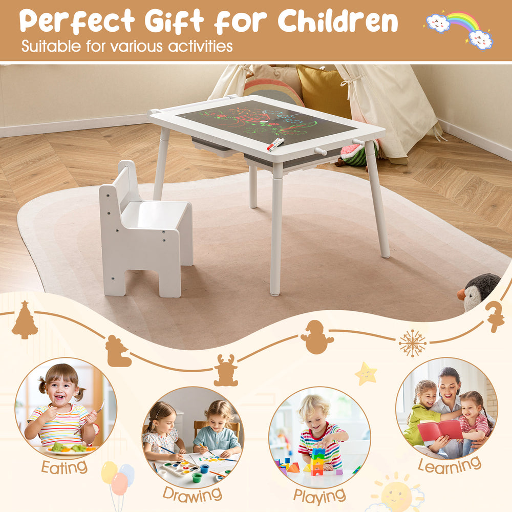 Sensory table and chair set for kids with blackboard and whiteboard, perfect for drawing, playing, and studying.