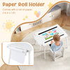 Sensory table with paper roll holder, blackboard, and whiteboard for kids, ideal for drawing and creative play.