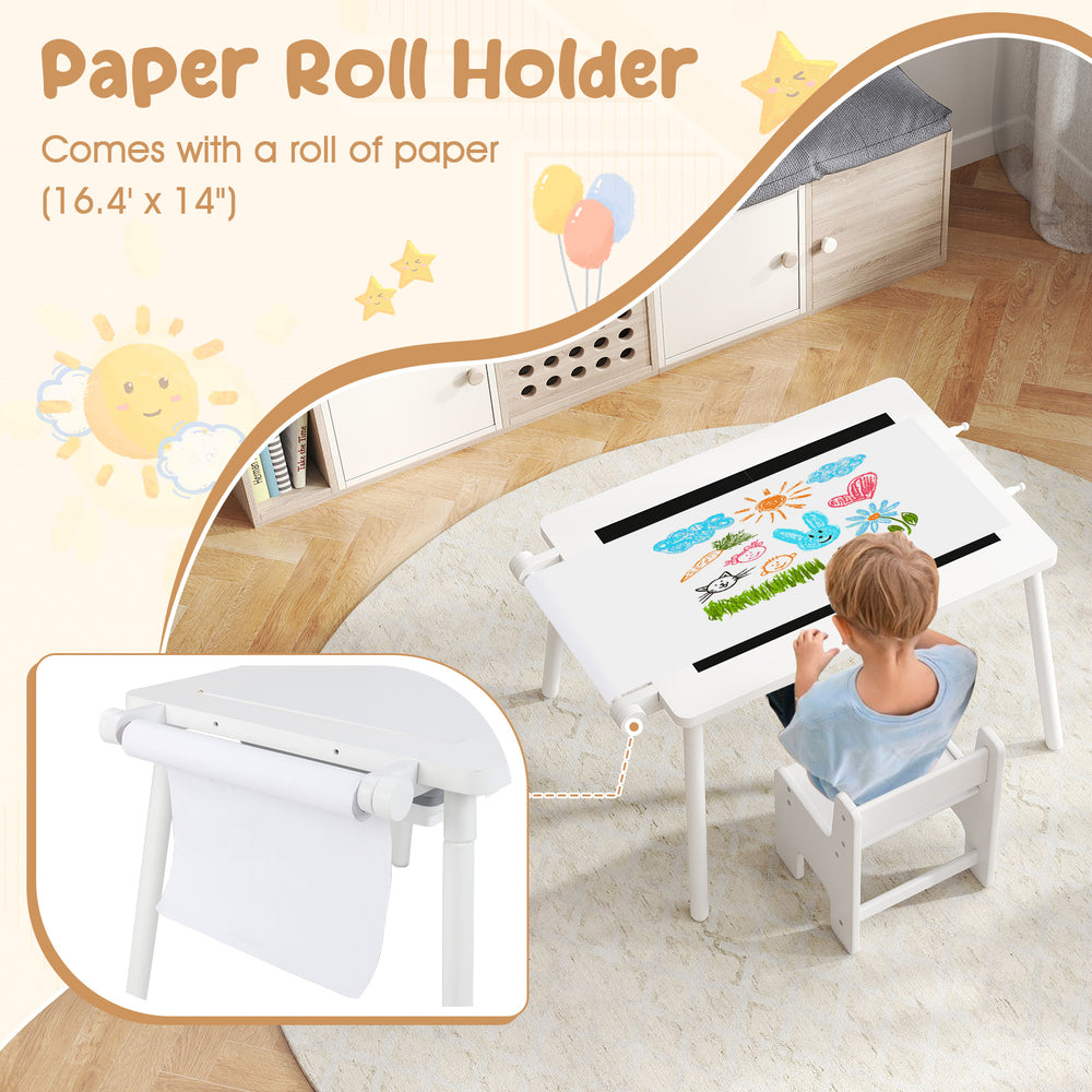 Sensory table with paper roll holder, blackboard, and whiteboard for kids, ideal for drawing and creative play.