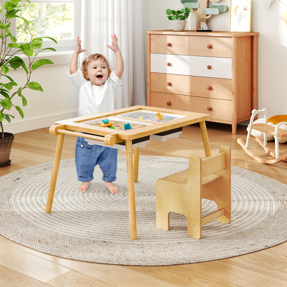 Sensory Table and Chair Set for Kids 2-8 with Foldable Bins-Natural - Gallery View 1 of 11