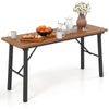Outdoor dining table with acacia wood top, featuring a sturdy metal frame, ideal for yard and poolside gatherings.