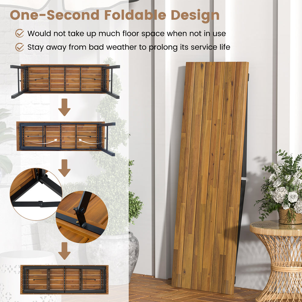 Outdoor dining table and bench set with acacia wood top, featuring a foldable design for easy storage and outdoor use.