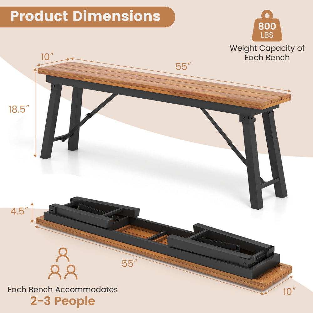 Outdoor dining bench with acacia wood top, folding design, 55" long, accommodates 2-3 people for yard or garden use.