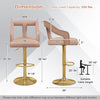 Bar chair dimensions with pink velvet upholstery, 360° swivel, and electroplated metal base for stylish kitchen seating.