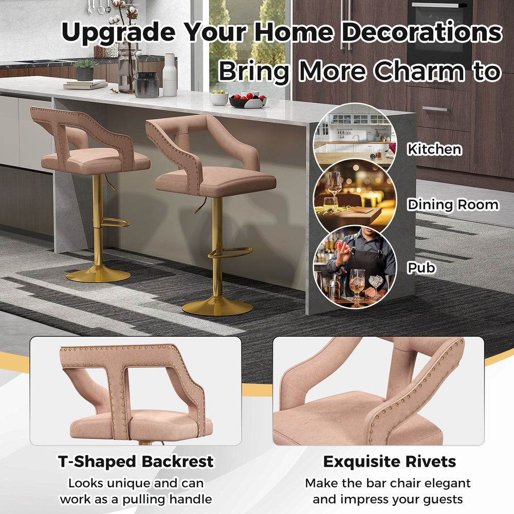 Set of 2 pink bar chairs with T-shaped backrest, adjustable height, and 2-layer electroplated metal base for kitchen.