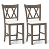 Set of 2 bar stools with cross back design, beige linen upholstered seats, and solid rubber wood frame for durability.
