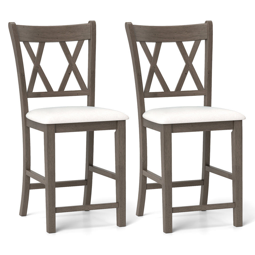 Set of 2 bar stools with cross back design, beige linen upholstered seats, and solid rubber wood frame for durability.