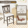 Cross back bar stool with beige linen fabric seat cushion and ergonomic design for optimal comfort and support.