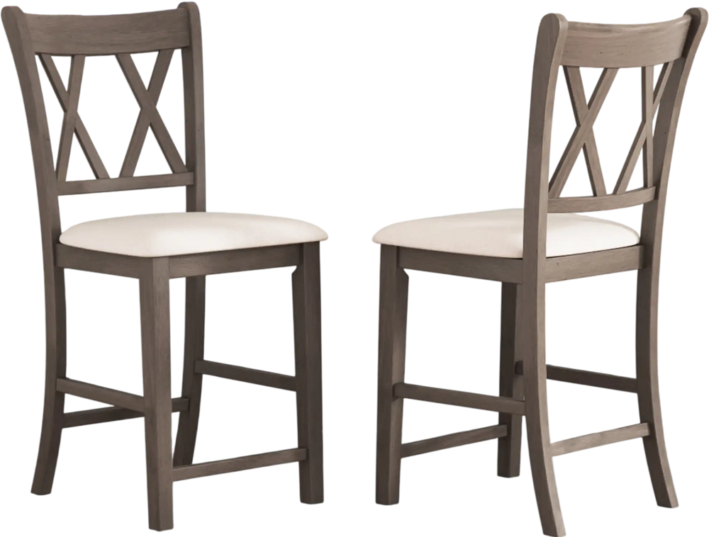 Set of 2 bar stools with cross back design and beige linen upholstered seats, perfect for kitchen or dining areas.