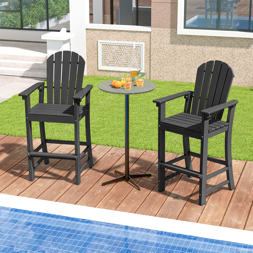 Set of 2 black counter height outdoor HDPE bar stools with armrests and footrest, perfect for poolside relaxation.