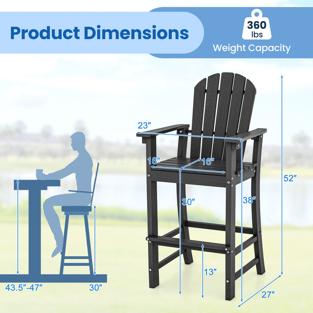 Counter height outdoor HDPE bar stool with armrests, 30" seat height, and 360 lbs weight capacity for versatile use.