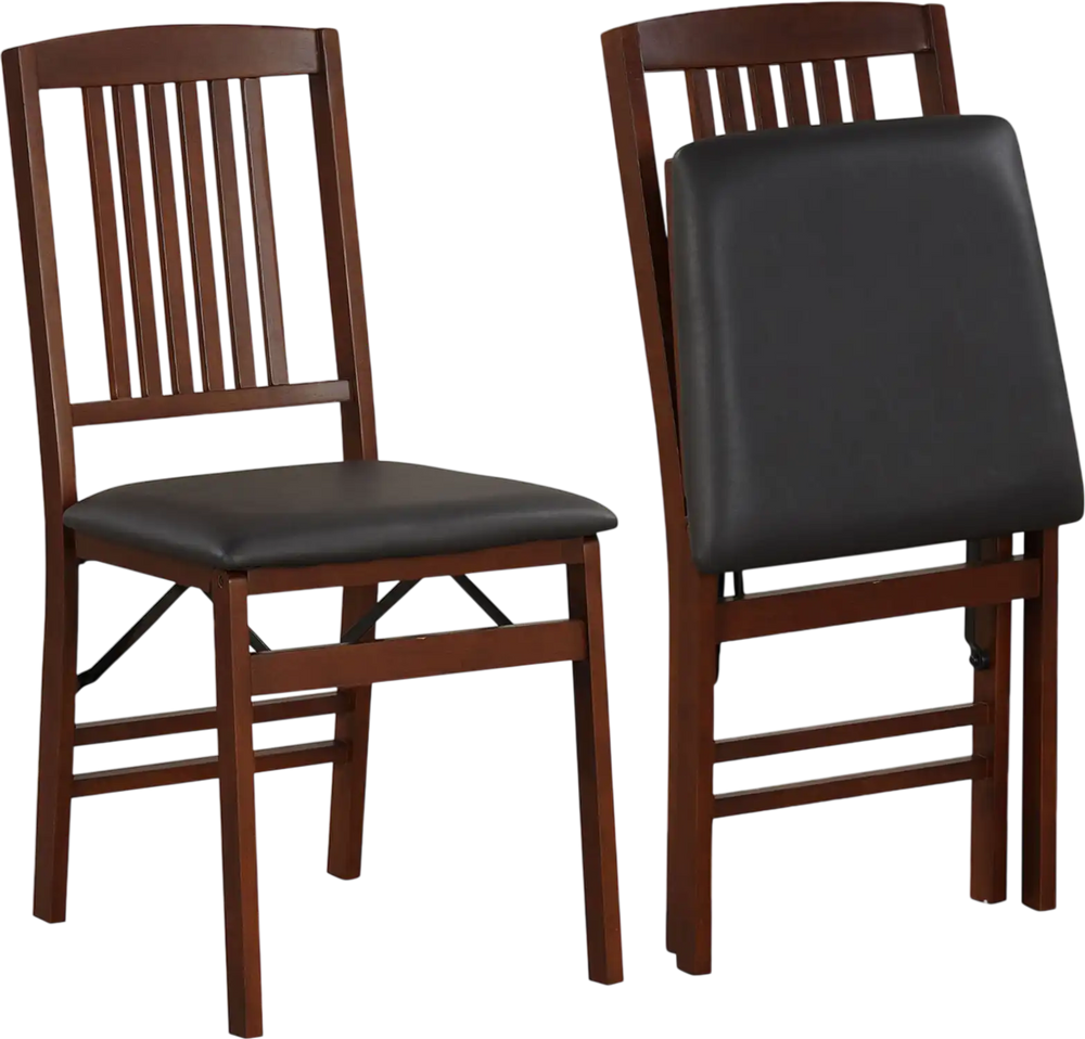 Set of 2 foldable kitchen chairs with padded seats in brown, featuring faux leather upholstery and sturdy rubber wood.