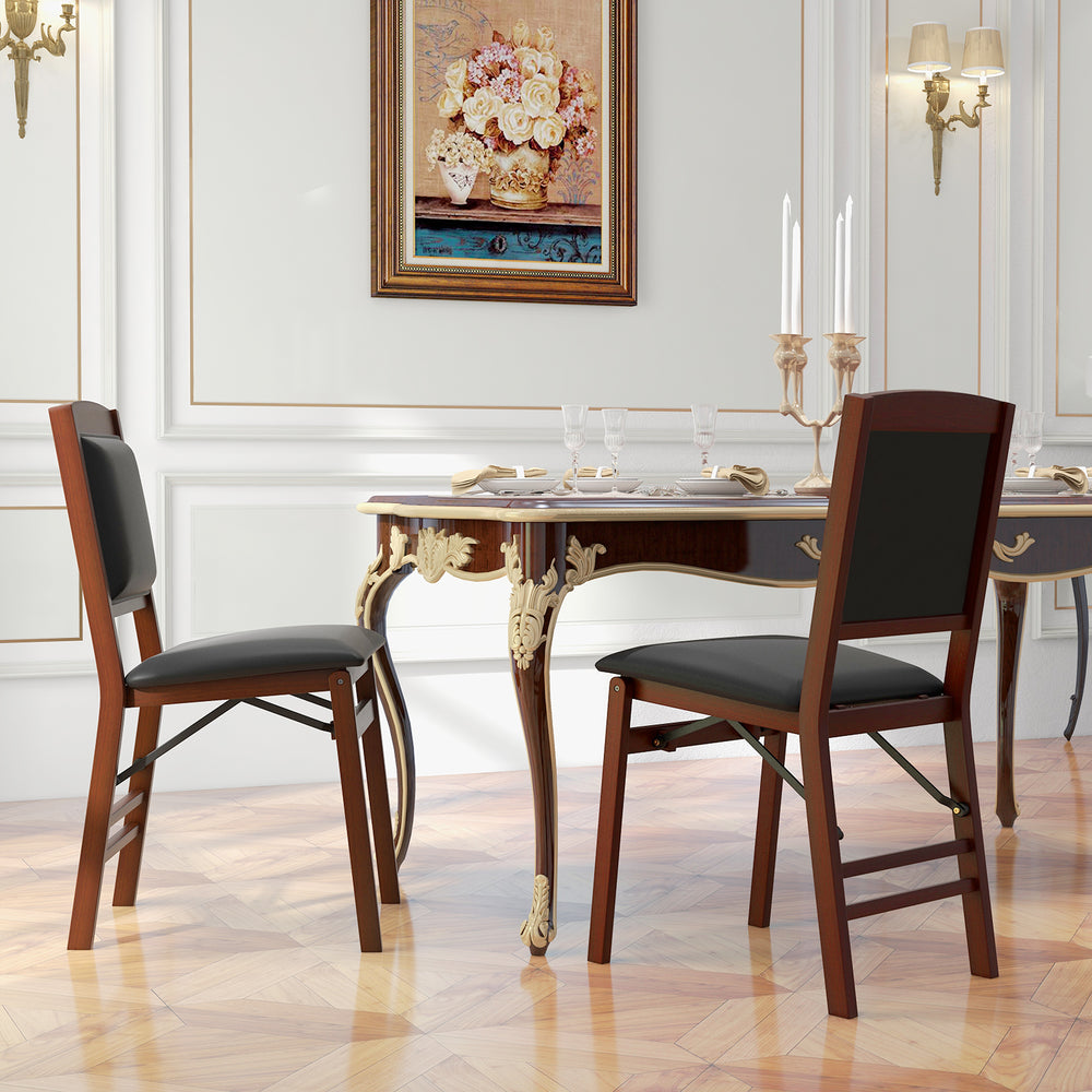 Set of 2 brown folding dining chairs with padded seats and high backrests, perfect for elegant dining spaces.