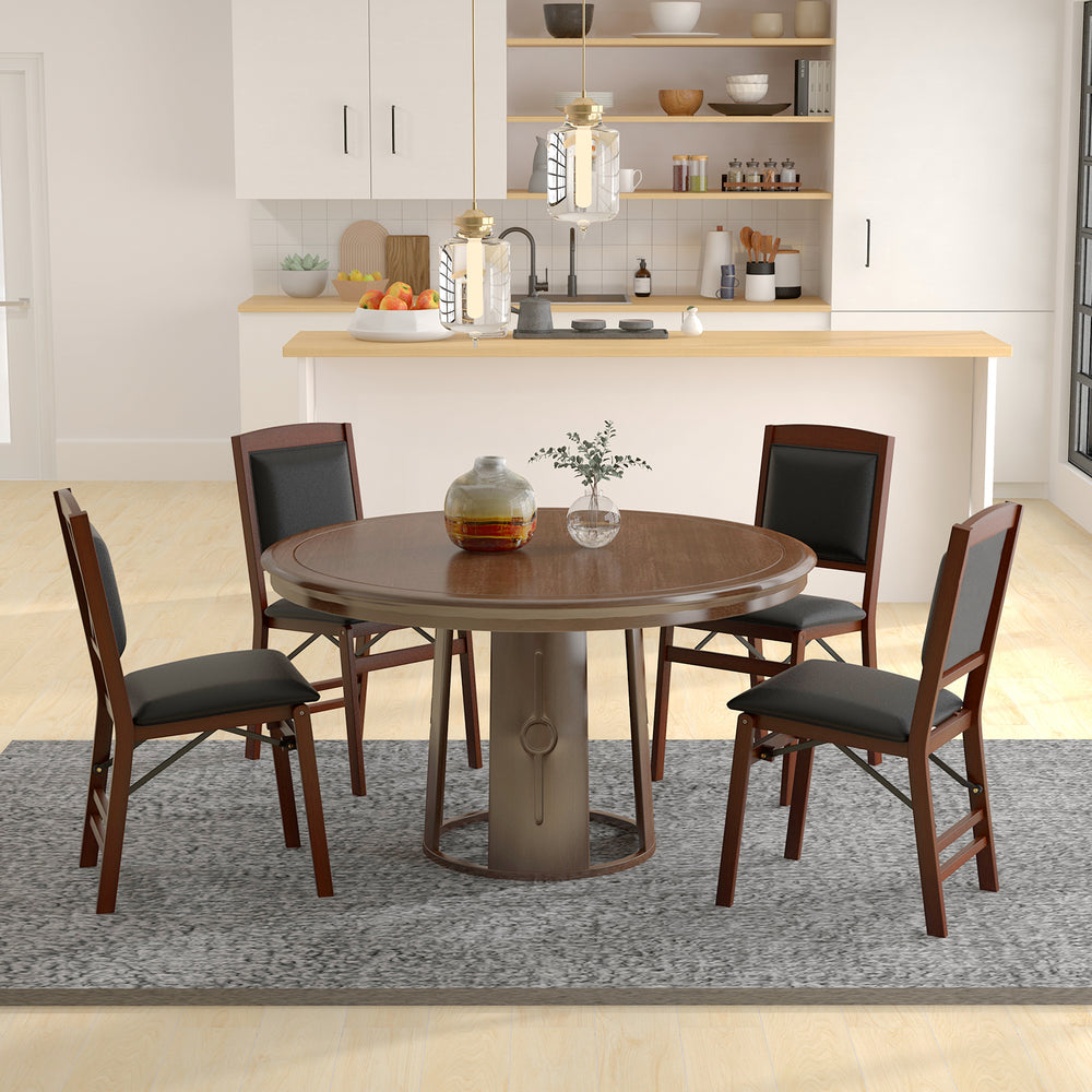 Set of 2 brown folding dining chairs with padded seats and high backrests, perfect for versatile dining spaces.