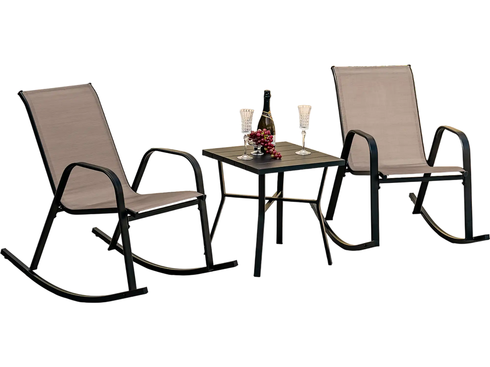 Set of 2 heavy-duty metal patio rocking chairs with breathable brown fabric, perfect for poolside relaxation.