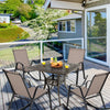 Set of 2 heavy-duty metal patio rocking chairs with breathable brown fabric, perfect for backyard relaxation.
