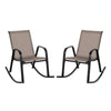 Set of 2 heavy-duty metal patio rocking chairs with breathable brown fabric, ideal for backyard and porch relaxation.