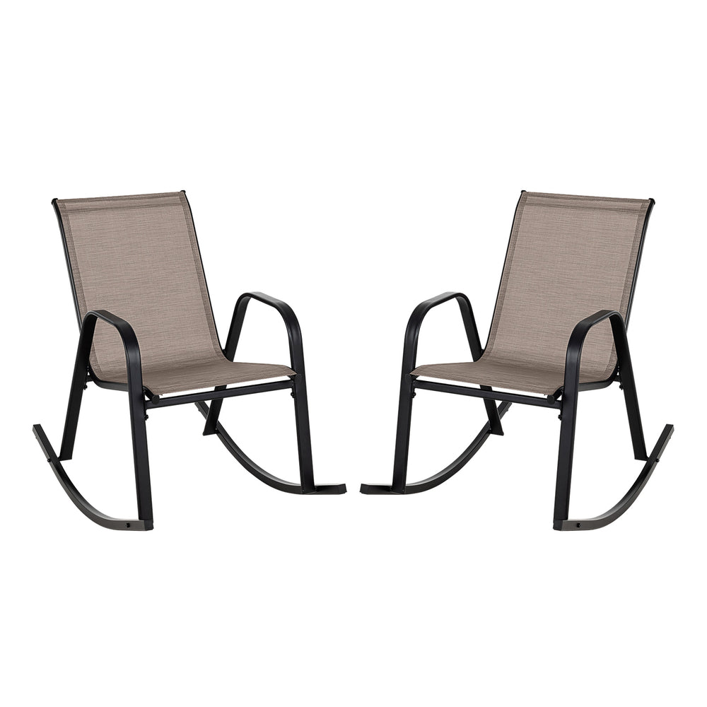 Set of 2 heavy-duty metal patio rocking chairs with breathable brown fabric, ideal for backyard and porch relaxation.
