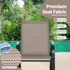 Brown breathable seat fabric of a heavy-duty metal patio rocking chair, designed for outdoor relaxation by the poolside.