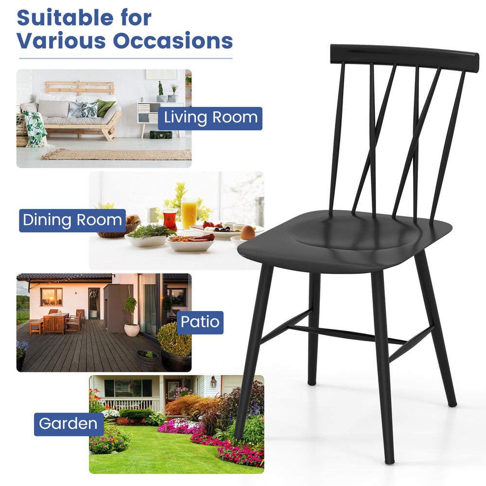 Modern dining chair with ergonomic backrest, made of premium steel, suitable for dining room, patio, or garden use.