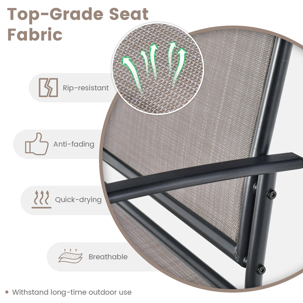 Breathable, quick-drying fabric detail of outdoor metal glider armchair set, ideal for backyard and poolside use.