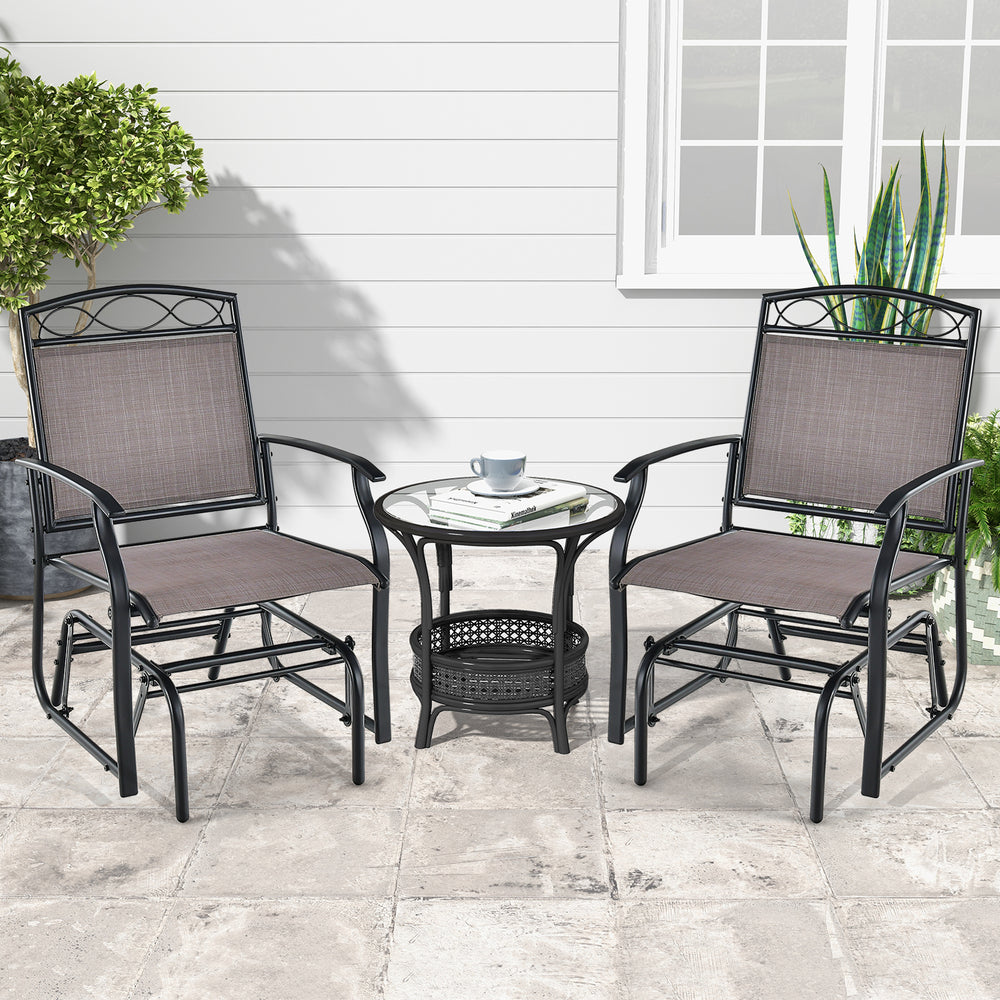 Set of 2 outdoor metal glider armchairs with weather-resistant fabric, ideal for backyard or poolside relaxation.