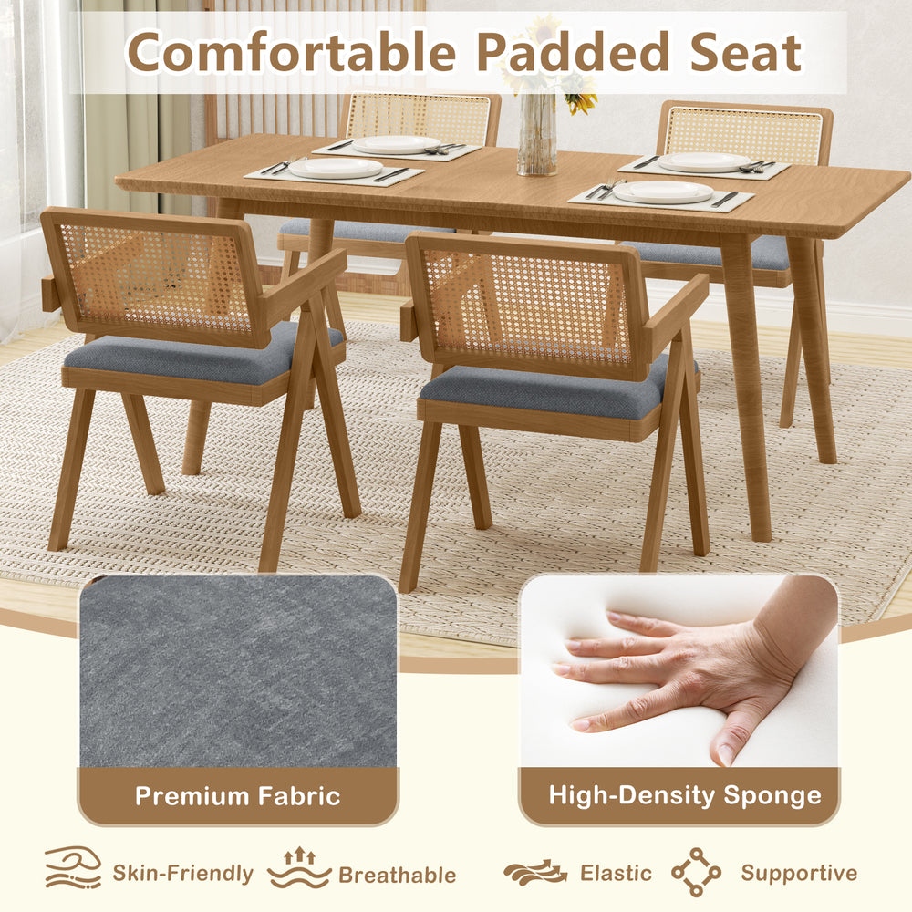 Set of 2 rattan accent chairs with gray padded cushions and rubber wood frame, perfect for dining or living room decor.