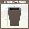 Square taper planter dimensions showing 10" x 10" x 14", featuring a wood-like texture for outdoor and indoor use.