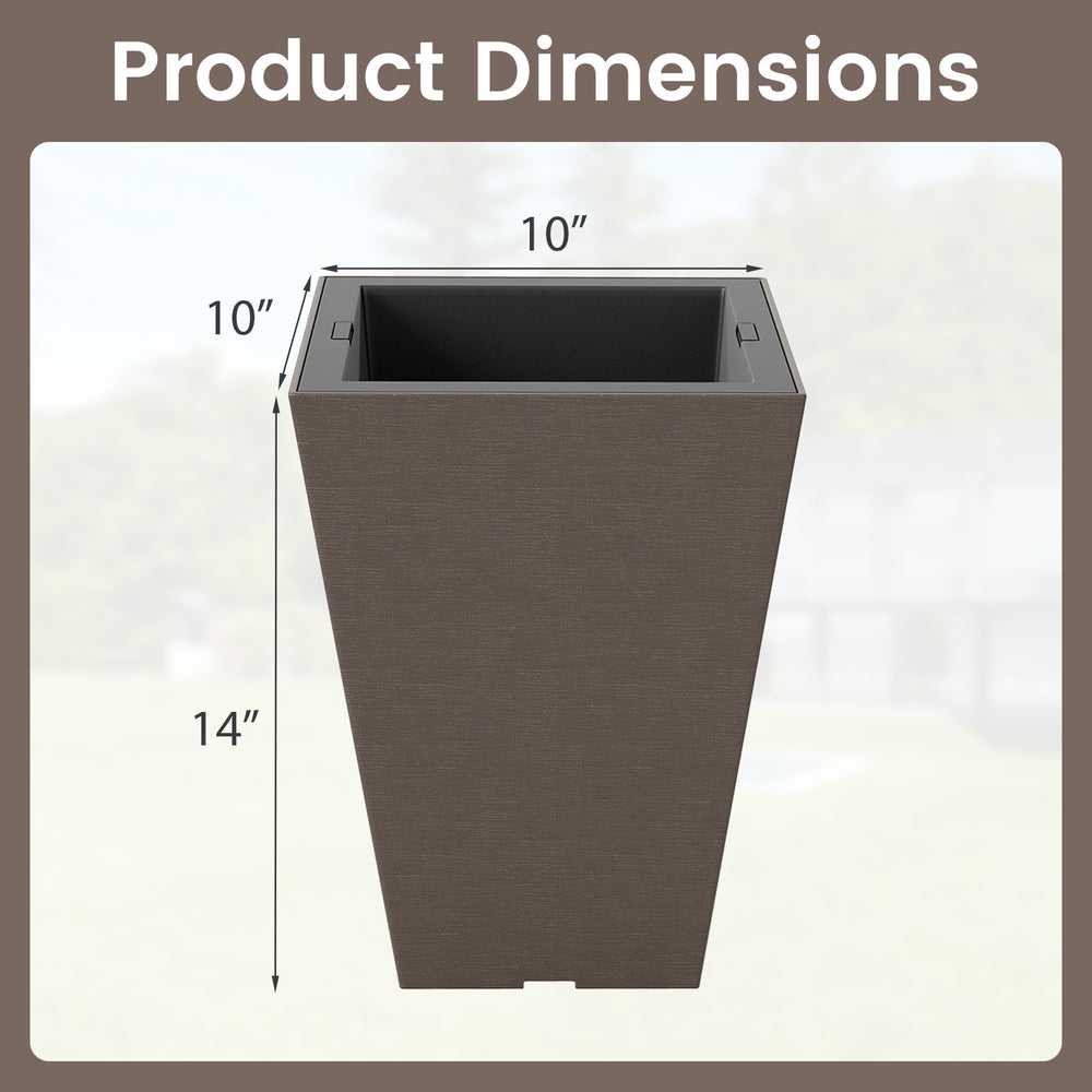 Square taper planter dimensions showing 10" x 10" x 14", featuring a wood-like texture for outdoor and indoor use.