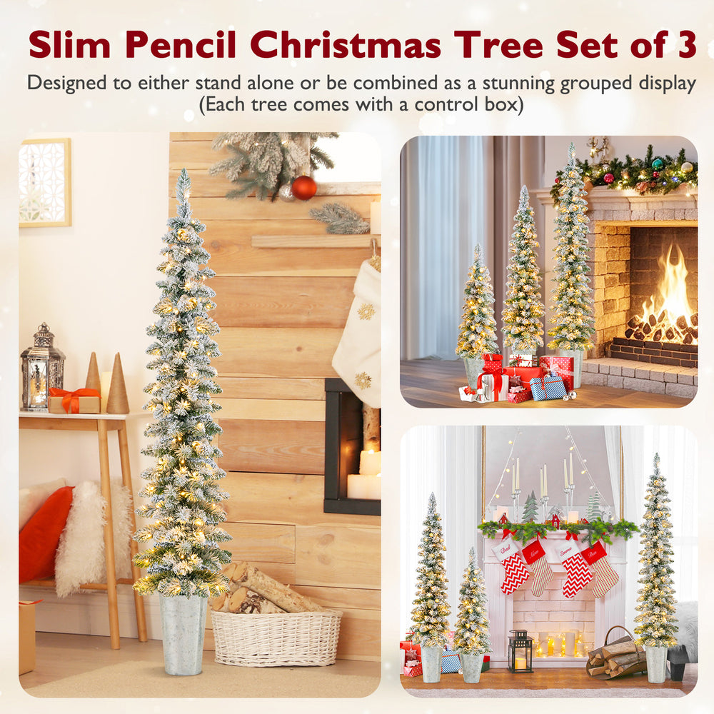 Set of 3 pre-lit snow flocked artificial Christmas trees with warm white LED lights for festive holiday displays.