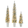 Set of 3 pre-lit snow flocked artificial Christmas trees in metal pots, featuring warm white LED lights and 423 branch.