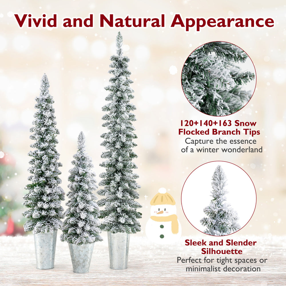 Set of 3 pre-lit snow flocked artificial Christmas trees with 423 branch tips, perfect for festive holiday decoration.