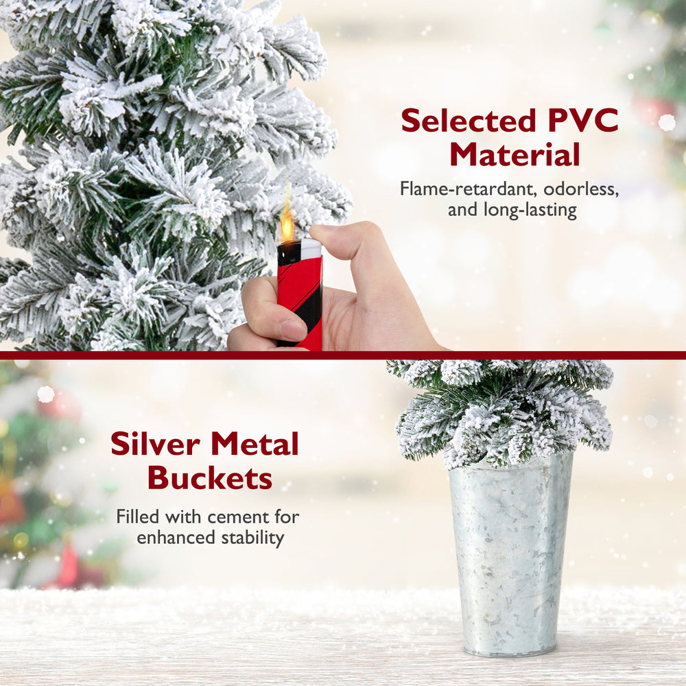Close-up of a pre-lit snow flocked artificial Christmas tree made of PVC material, featuring warm white LED lights and.