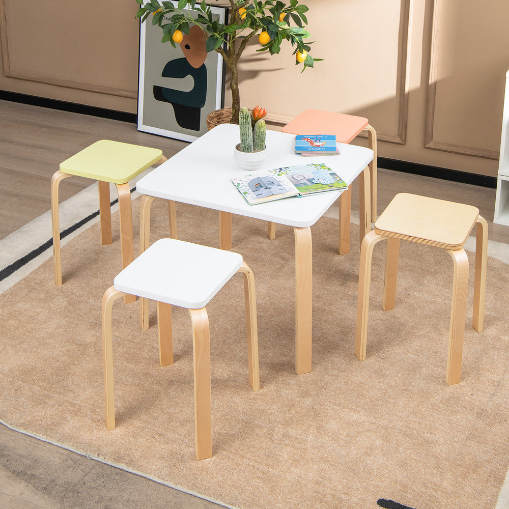 Colorful square stools made of poplar and birch wood, stackable design with anti-slip pads, ideal for classrooms or.