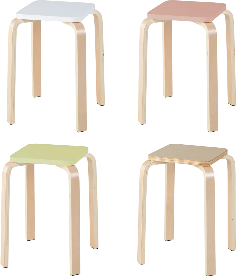 Set of 4 colorful square stools made of poplar and birch wood, featuring a stackable design and anti-slip foot pads.