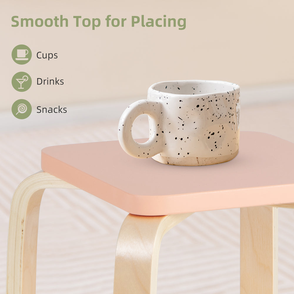 Colorful square stool with smooth top, made of poplar and birch wood, ideal for drinks and snacks in various settings.