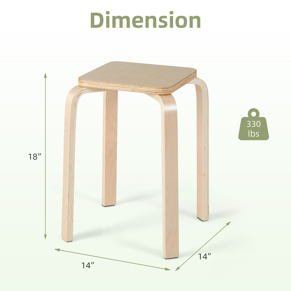 Square stool made of poplar and birch wood, 18" height, 14" width, supports 330 lbs, ideal for classrooms or dining.
